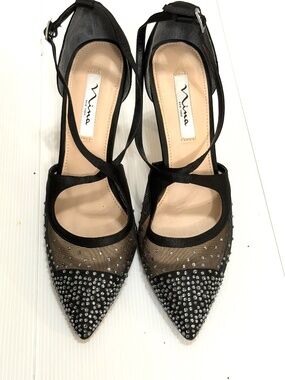 Nina New York Conetta Black Satin Mesh Crystal d'Orsay Pumps Heels Size 10M